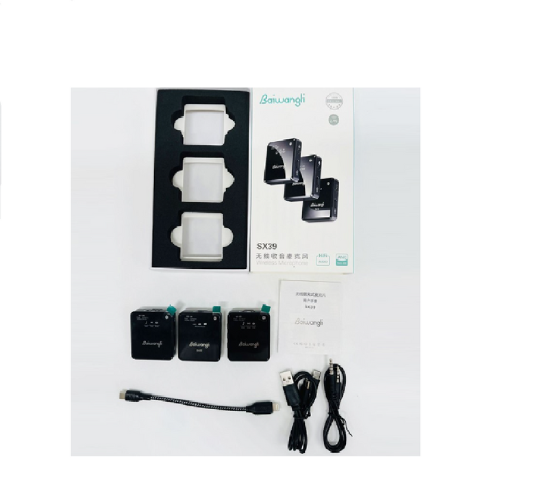 Baiwangli SX39 Mic Para Iphone Reducción de Ruido Micrófono Inalámbrico, 2 Transmisor + 1 Receptor
